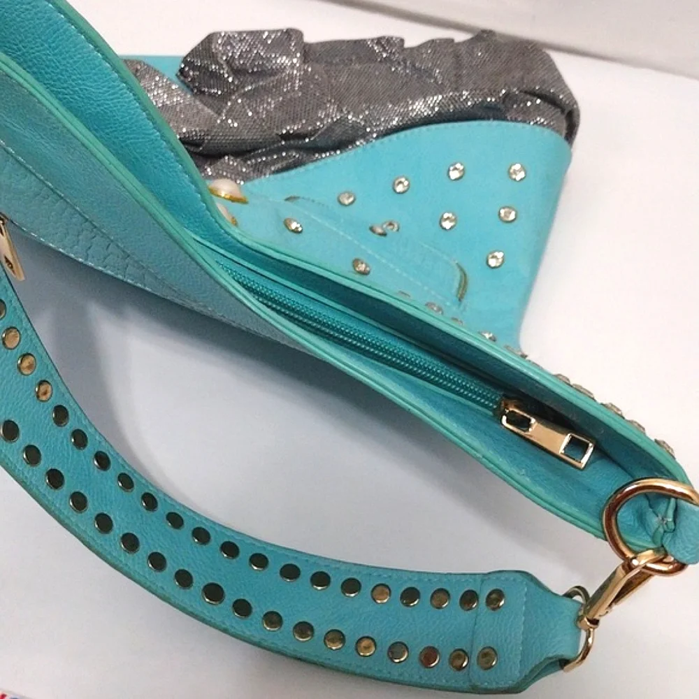 Women's Turquoise Rhinestone Pearl Shoulder Bag Y2K Boho Glam Ruffle Purse
